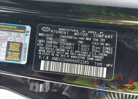 2017 Hyundai Tucson Se from USA, damaged, VIN KM8J23A46HU452245